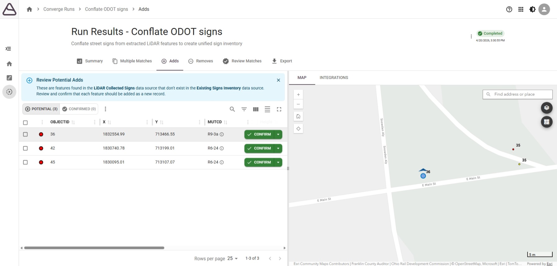 Potential new asset additions identified during conflation in Converge