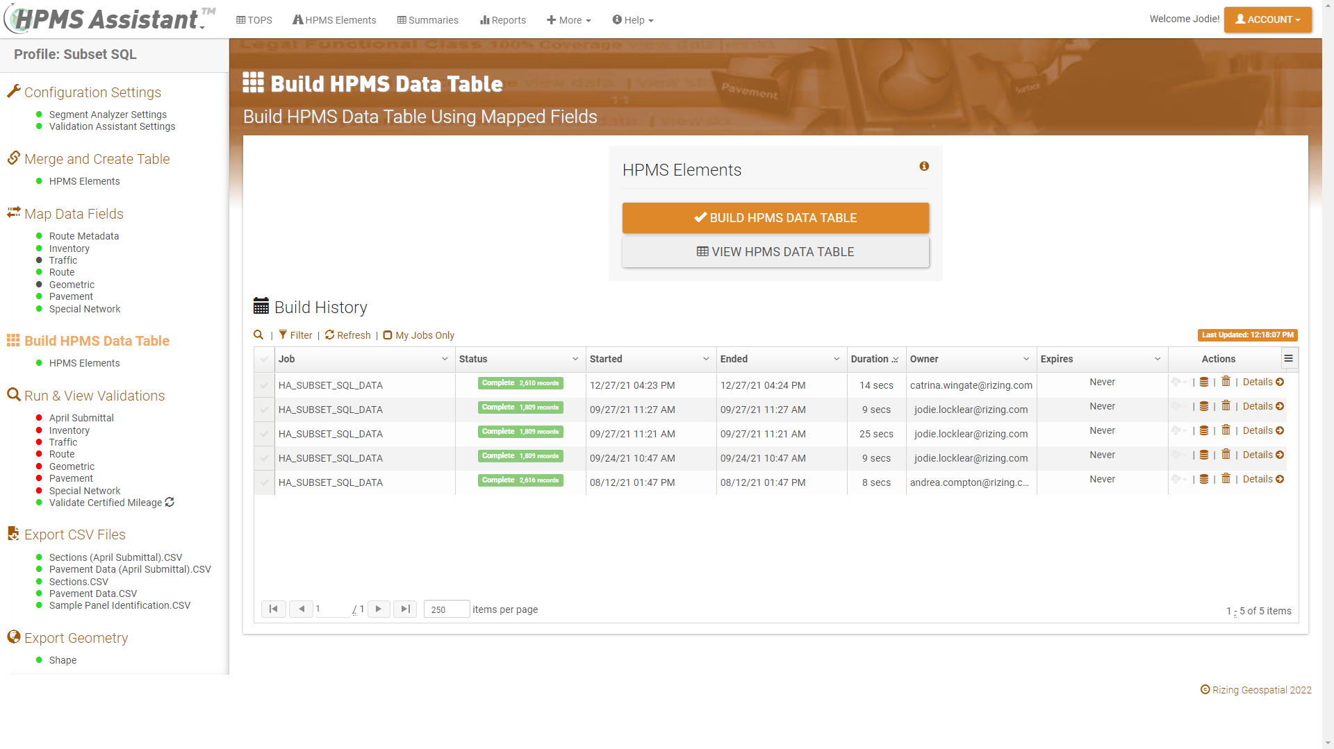 Data table build and validation screen in HPMS Assistant