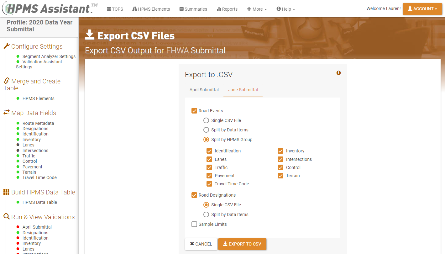 CSV export and report generation in HPMS Assistant