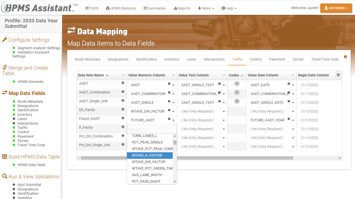 Field mapping configuration screen in HPMS Assistant
