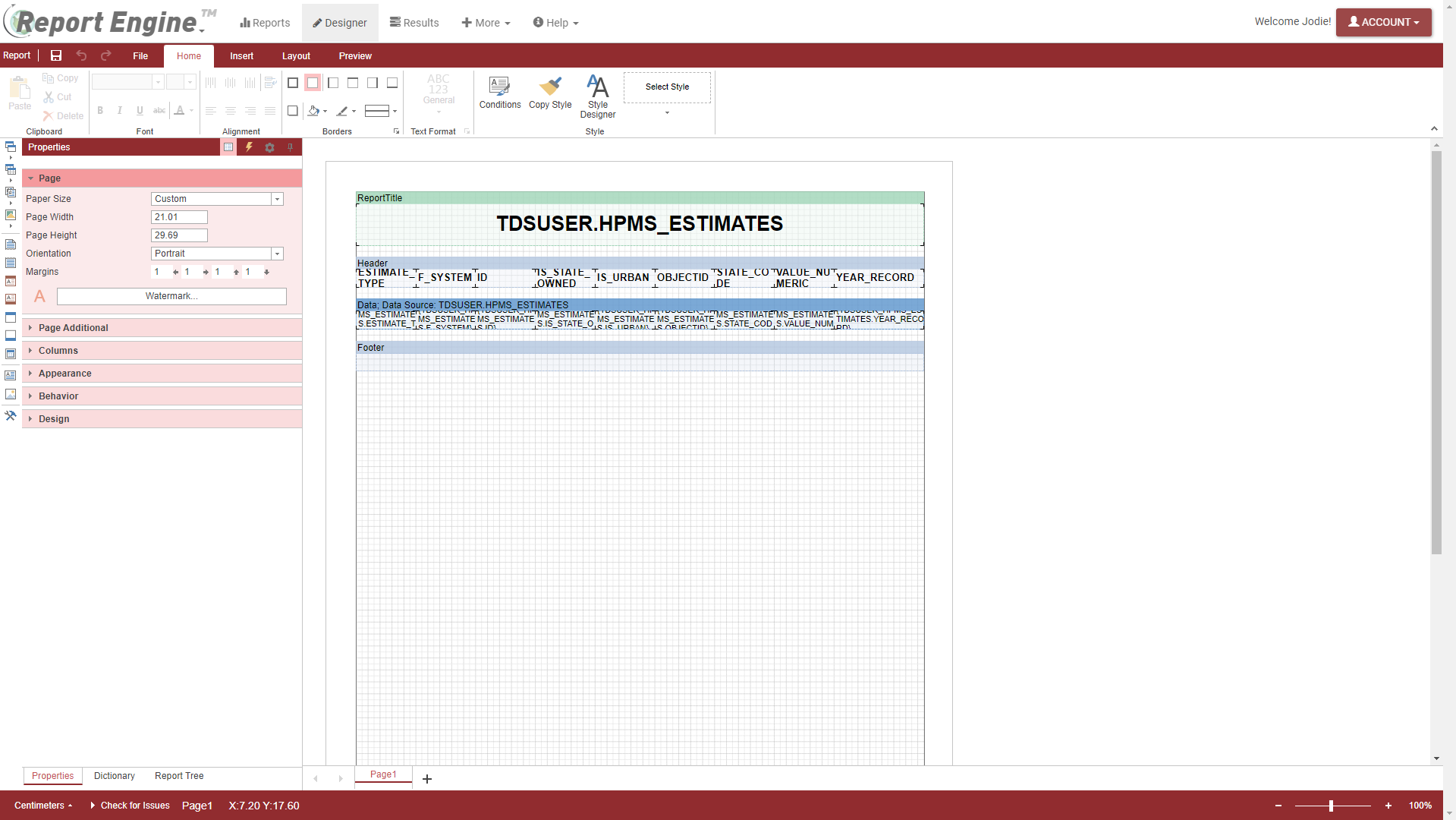 Report designer canvas in Report Engine
