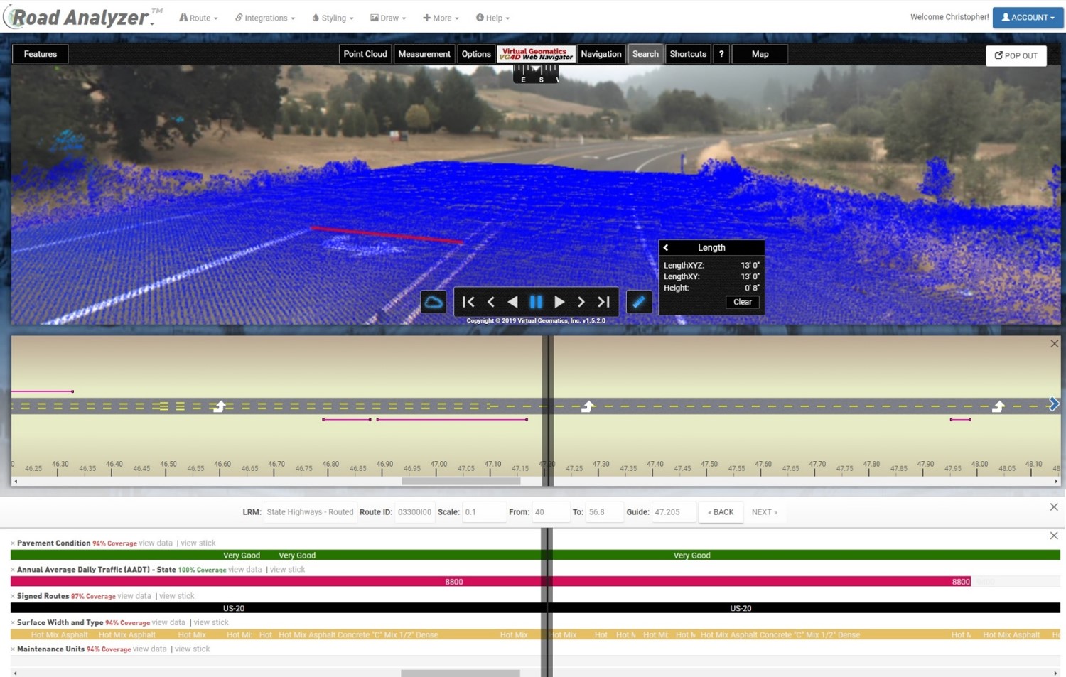 LiDAR point cloud view of a road corridor in Road Analyzer