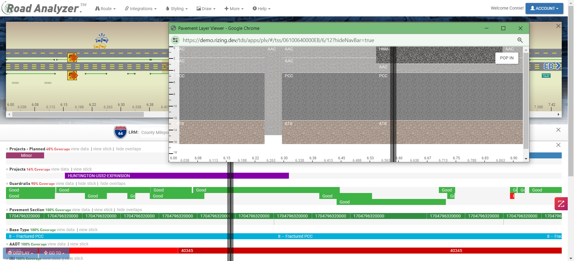 Pavement layer viewer showing condition data in Road Analyzer