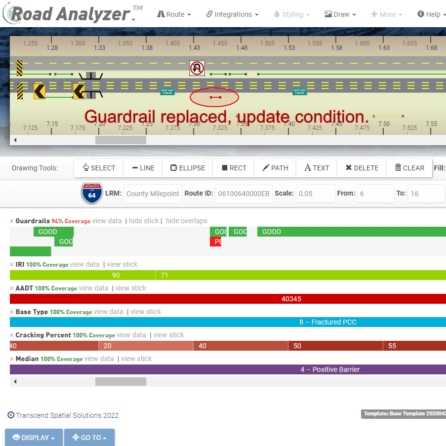 Redlining and annotation tools overlaid on a straight-line diagram in Road Analyzer