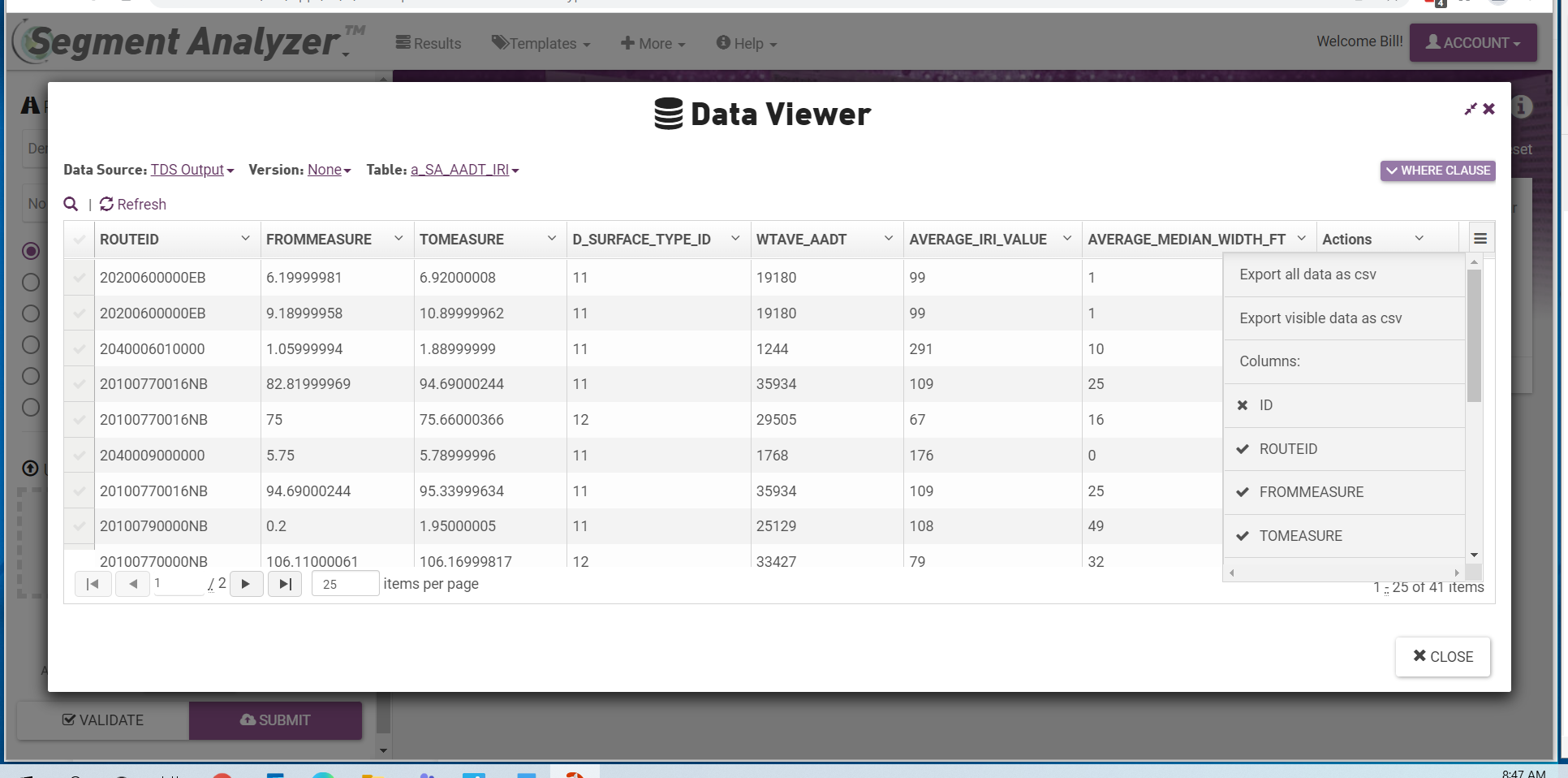 Data output viewer showing segmentation results in Segment Analyzer
