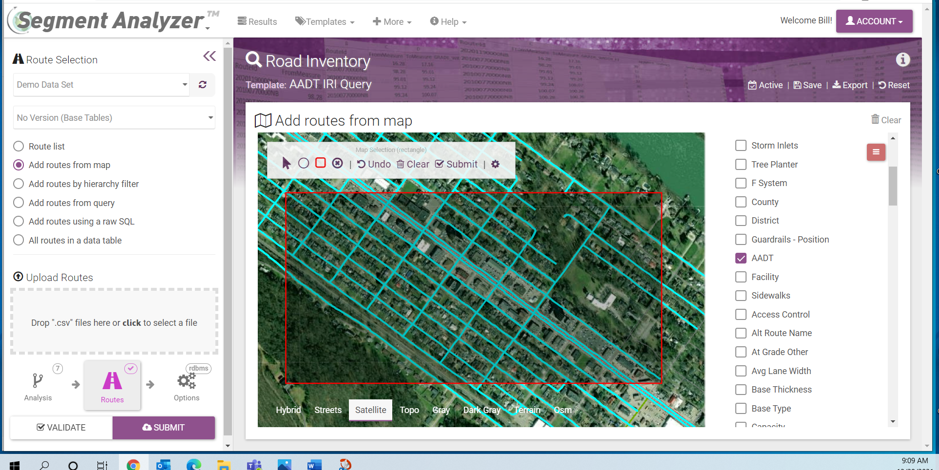 Route selection from an interactive satellite map in Segment Analyzer