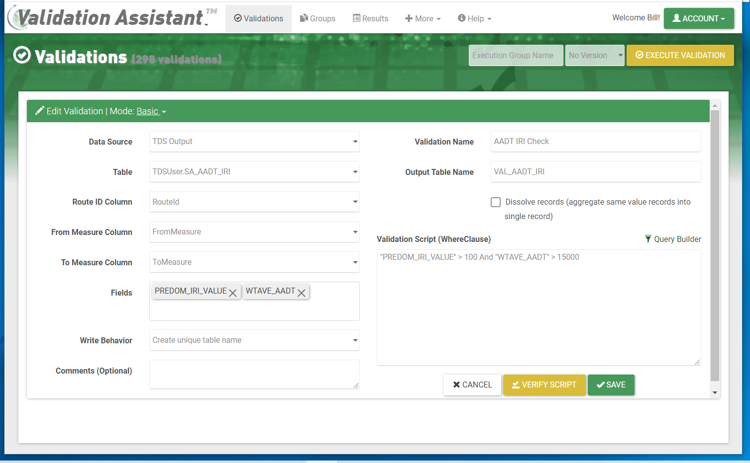 Validation query builder interface in Validation Assistant